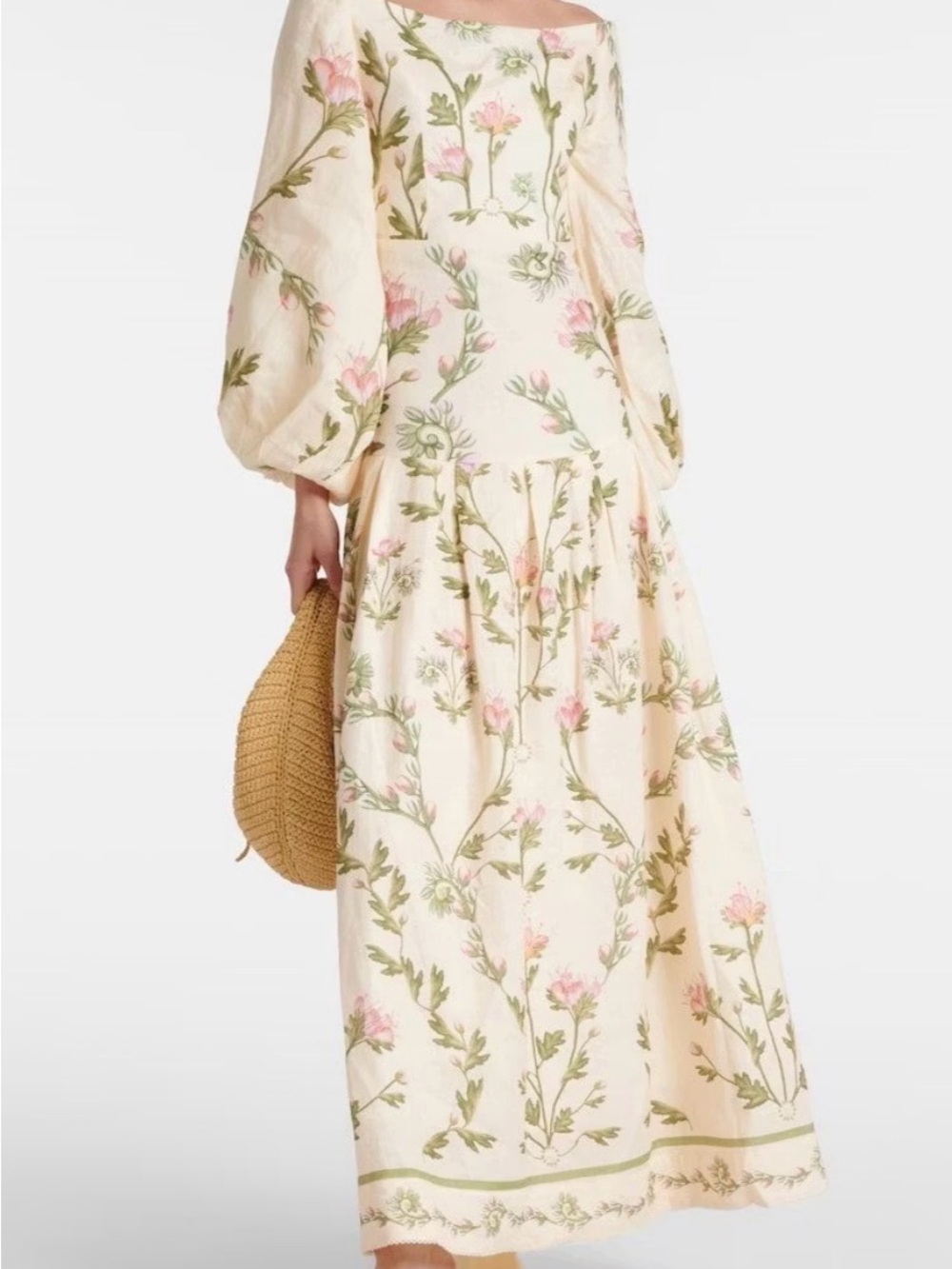 Cream Floral Puff-Sleeve Maxi Dress with Pink & Green Print